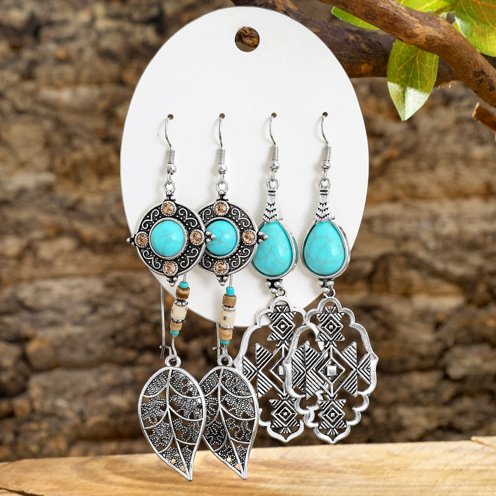 Wholesale Turquoise Tassel Earrings Set - Bohemian Ethnic Style