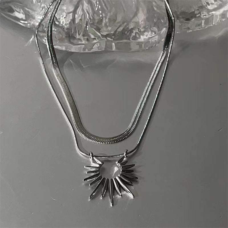 Wholesale Double Layer Stacked Sun Pendant Snake Bone Chain Necklace