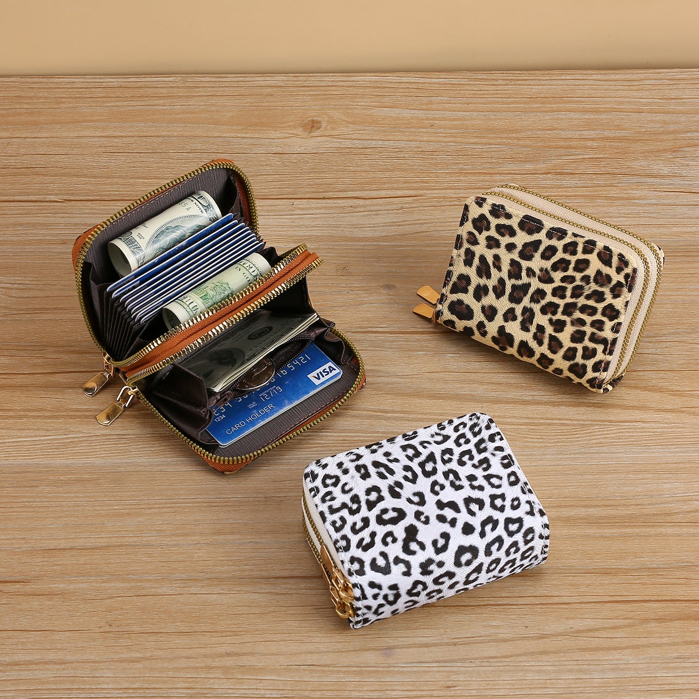 Wholesale Retro Leopard Print PU Coin Purse Double Zipper Card Holder Fashion Accessory Boutique Gift