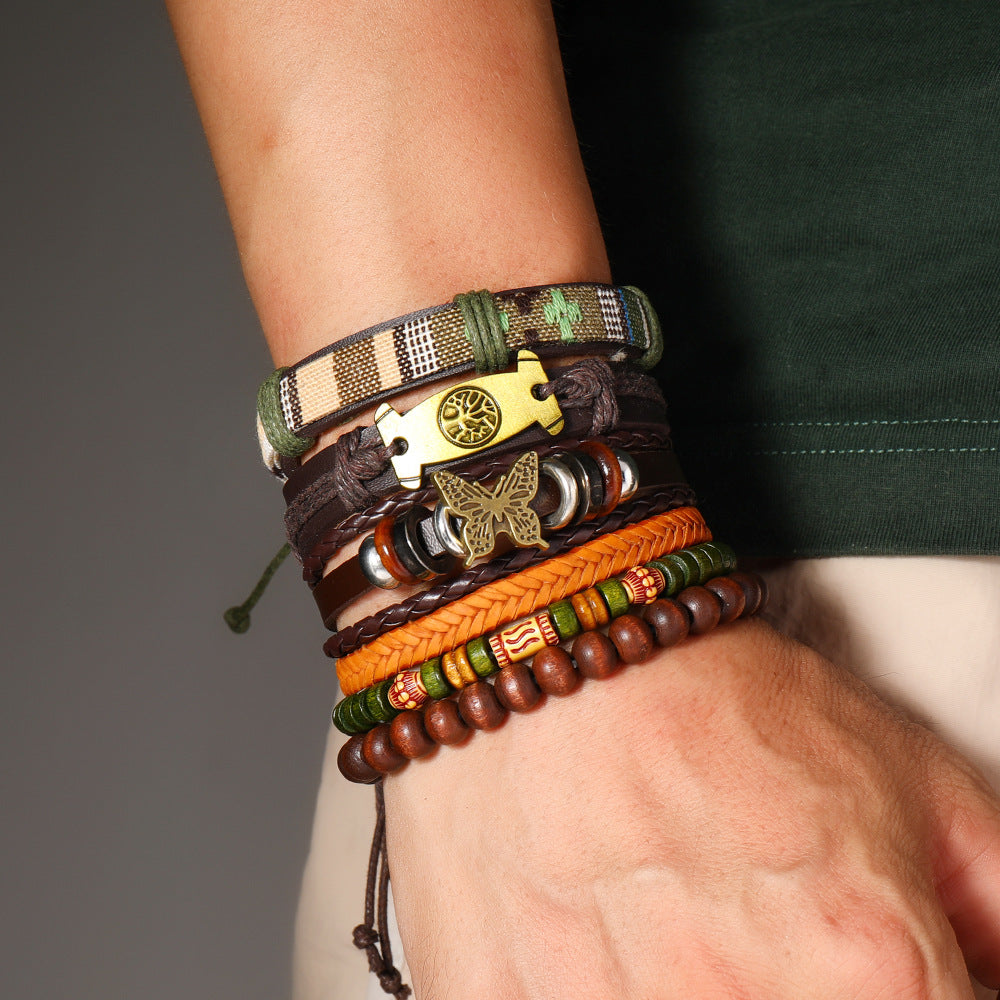 Wholesale Handmade Leather Wood Bead Bracelet 6 Pack Bohemian Peace Tree Butterfly Design Chic Unisex DIY Jewelry Gift