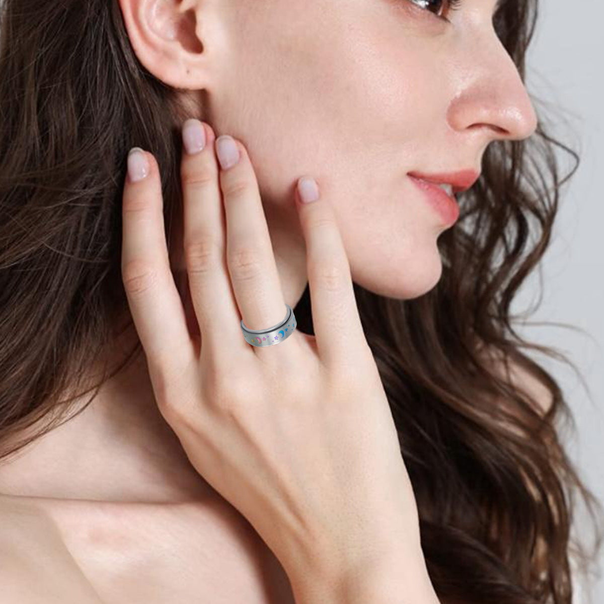 Wholesale 8MM rotatable electroplating color star Moon stainless steel ring