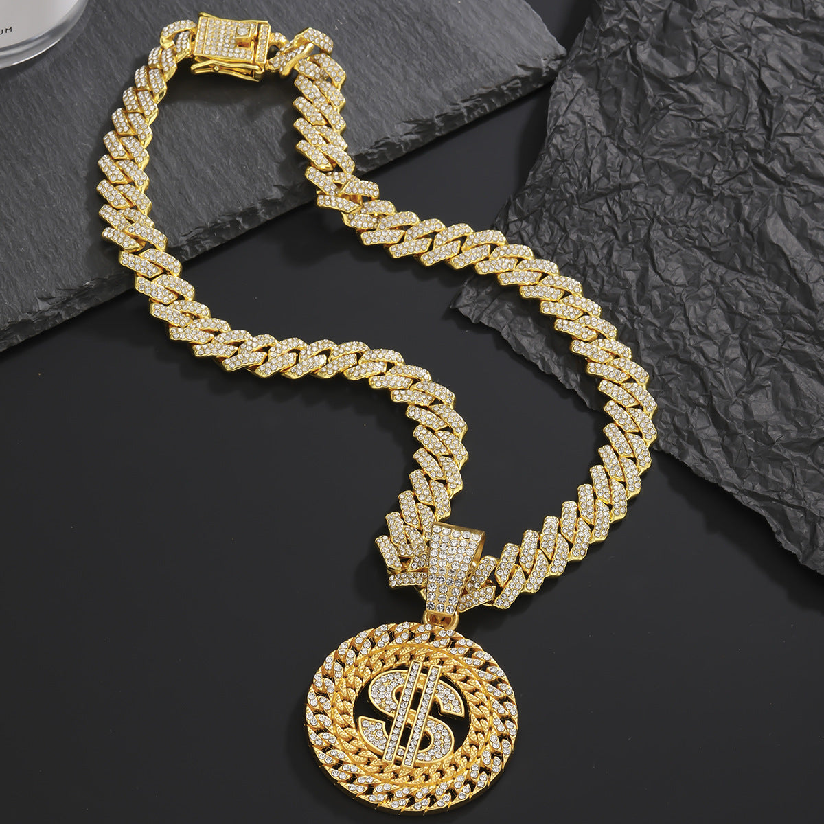 Wholesale 2pcs Hip-hop Style US Dollar Pendant Necklace Men's Diamond Cuban Chain Men Necklaces ACC-NE-MeiWeite009