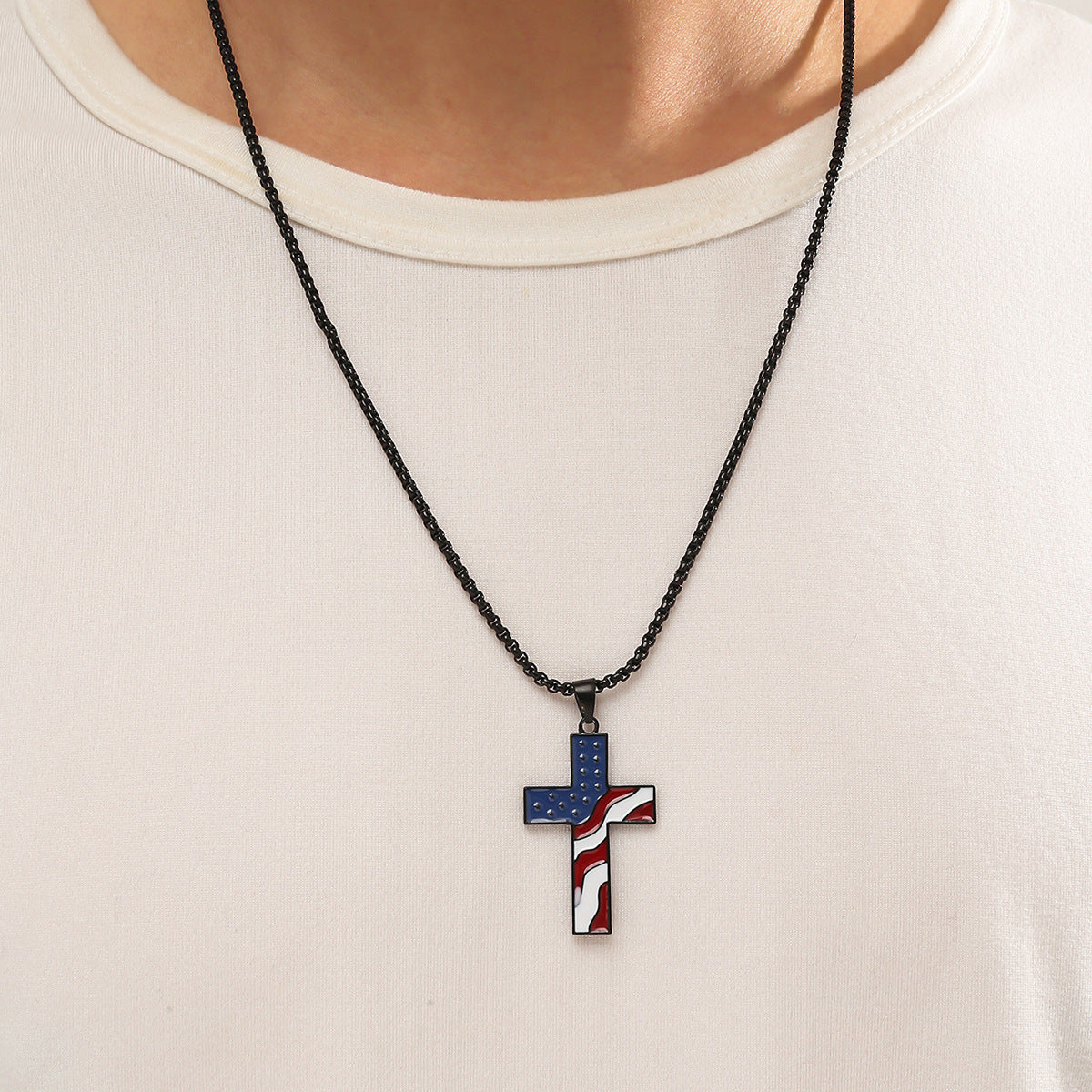 Wholesale Independence Day American Flag Cross Oil Drop Pendant Unisex Necklace