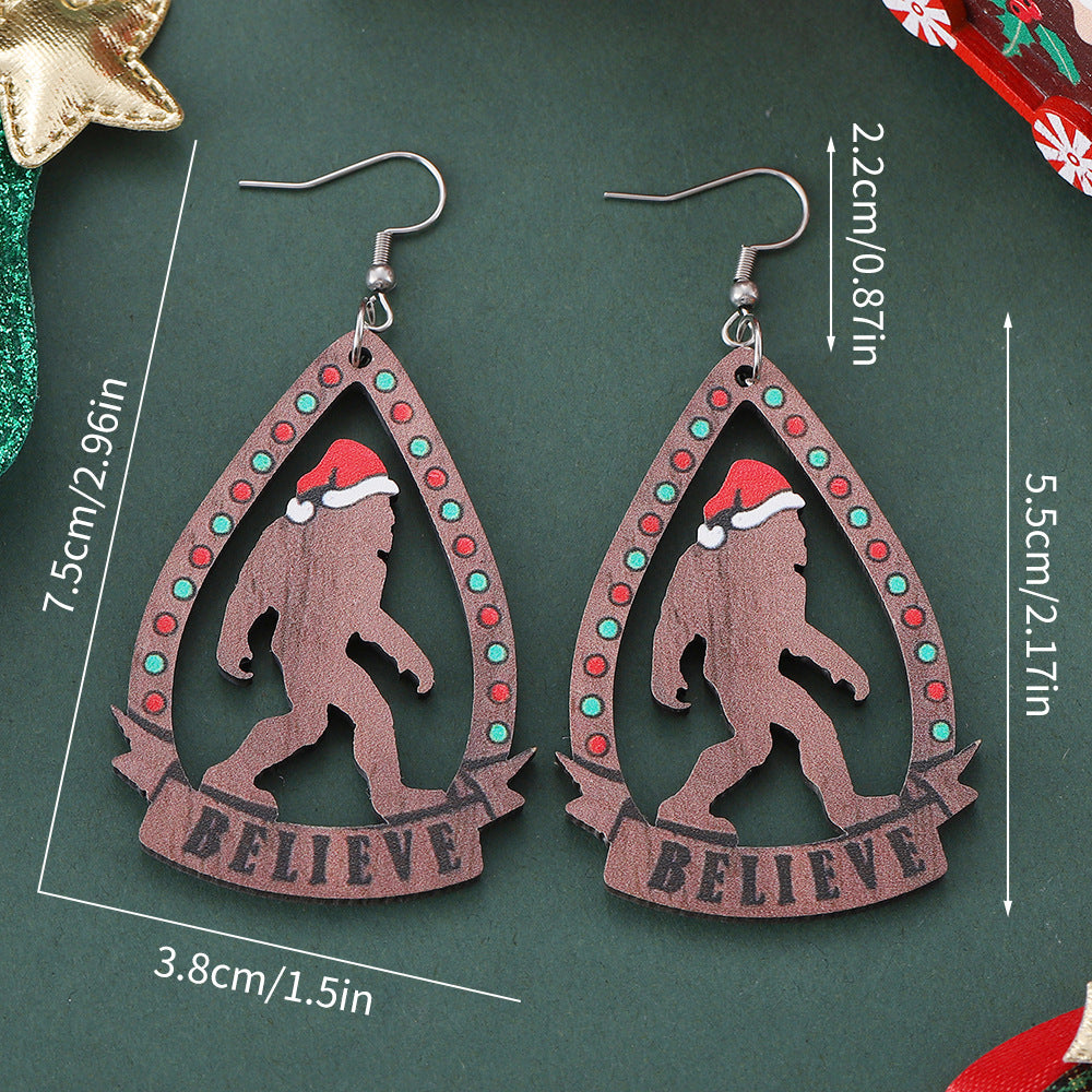 Wholesale Christmas Fireplace Santa Claus Bigfoot Wood Double Sided Earrings ACC-ES-ChuLian075