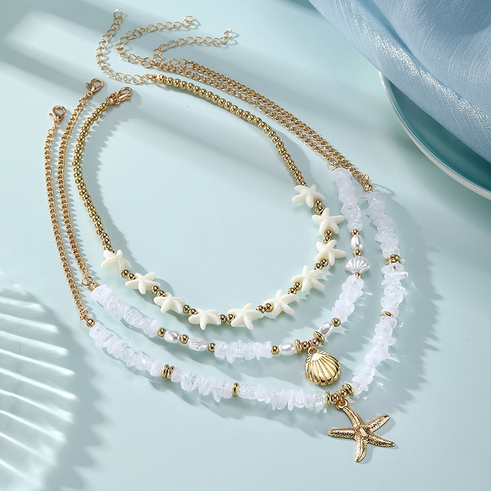Wholesale Stylish Faux Pearl Layering Necklace Beach Starfish Shell Retro Alloy Electroplated Jewelry Fashion Accessory For Vacation Boutique Resale