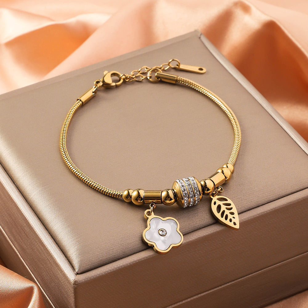 Wholesale Stainless Steel Double Layer 18K Gold Five Leaf Clover Bracelet ACC-BT-RuiX007