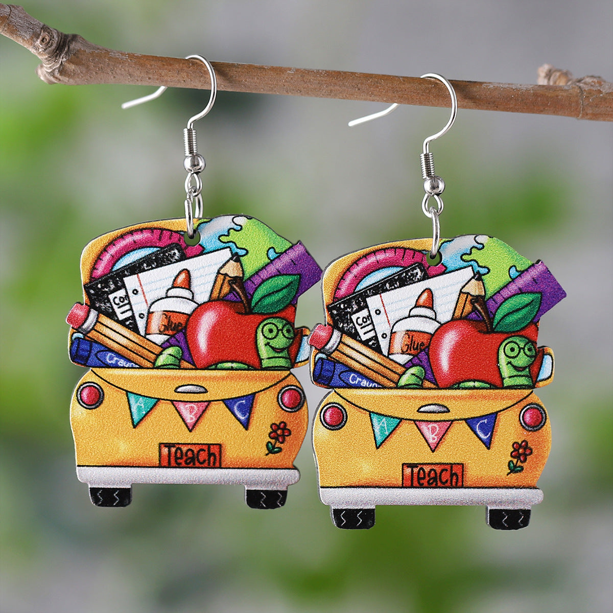 Wholesale Back To School Season Pencil Apple Crayon Wood Double Sided Earrings ACC-ES-ChuLian093