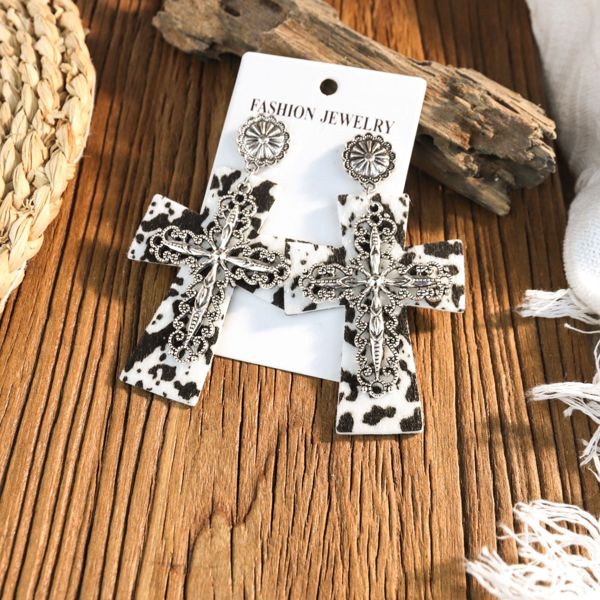 Wholesale Western-style leather leopard print cross earrings