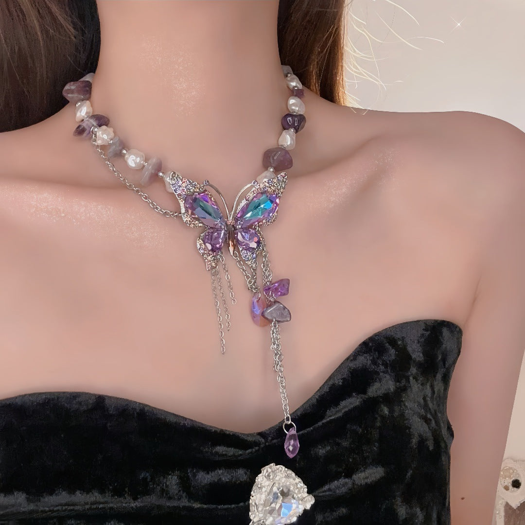 Wholesale Zircon Color Butterfly Irregular Pearl Purple Stone Beaded Necklace