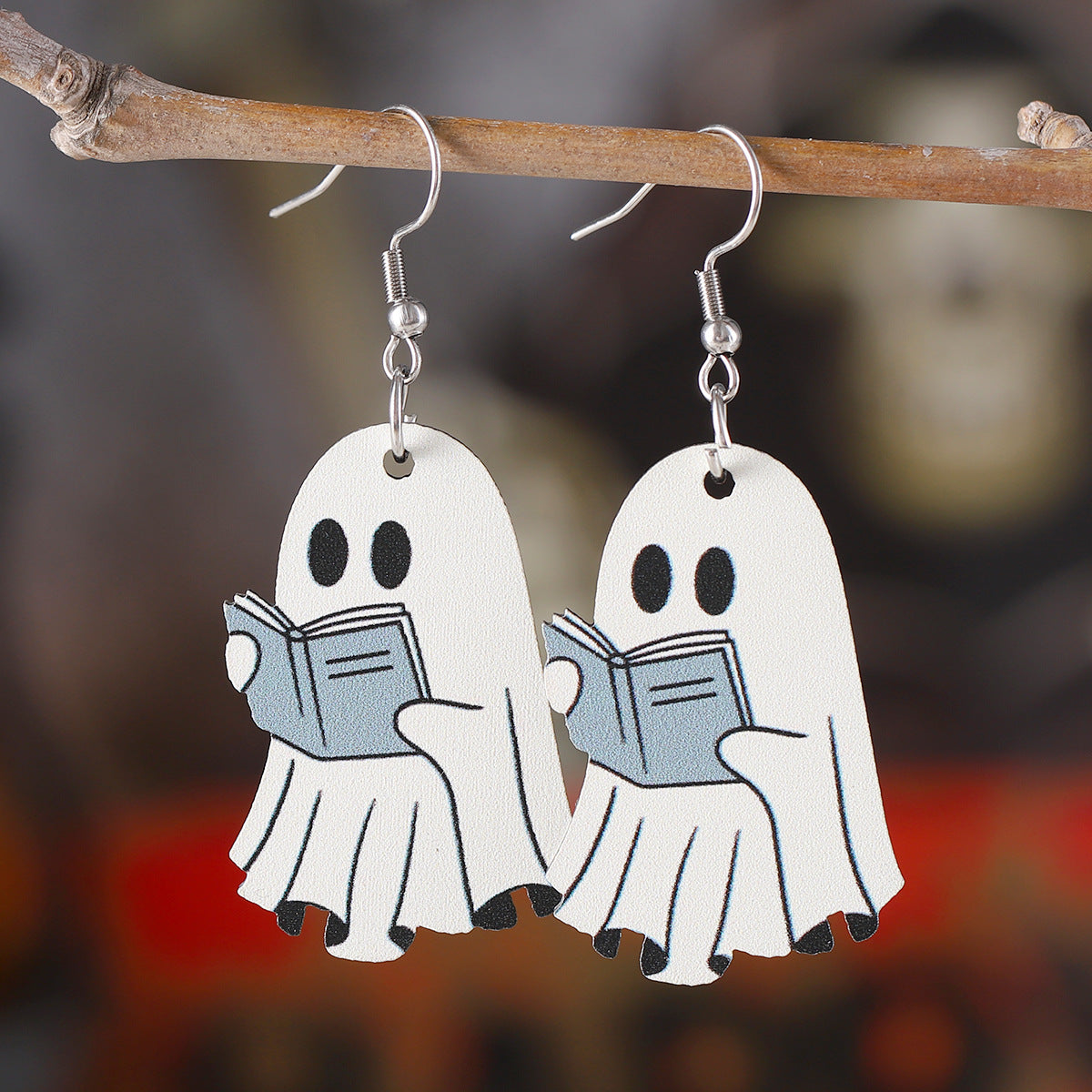 Wholesale Halloween Book Ghost Earrings Wood Earrings Goth Theme Double-sided Earrings ACC-ES-ChuLian036