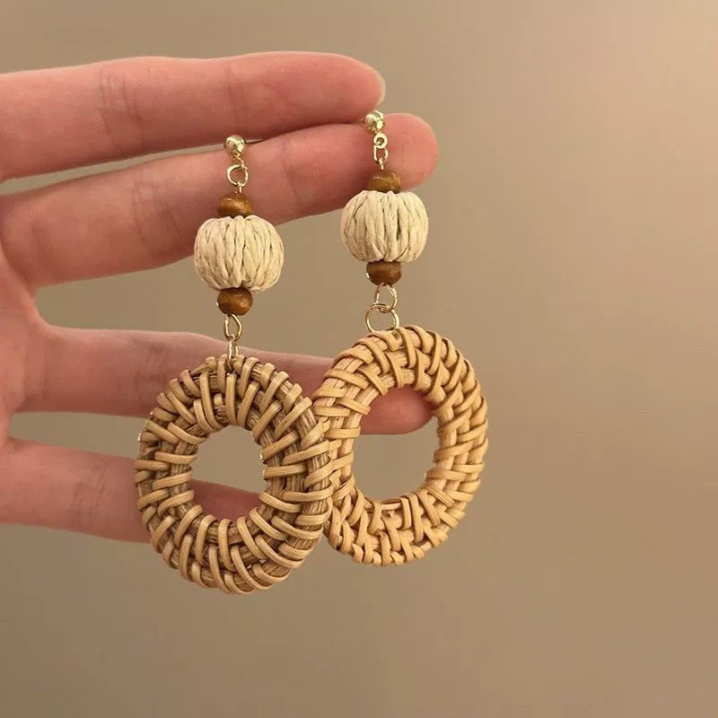 Wholesale Retro Forest-Style Handwoven Rattan Earrings — Summer Bohemian Vacation-Style Statement Jewelry ( Face-Slimming Effect)