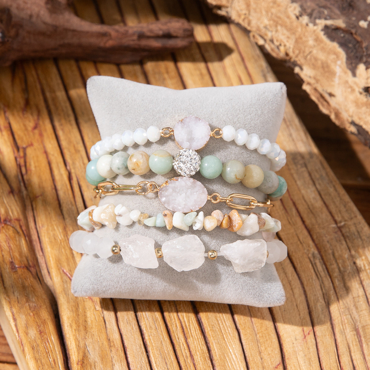 Wholesale 5pcs/set Crushed Rose Quartz Bohemian Beaded Bracelet Set