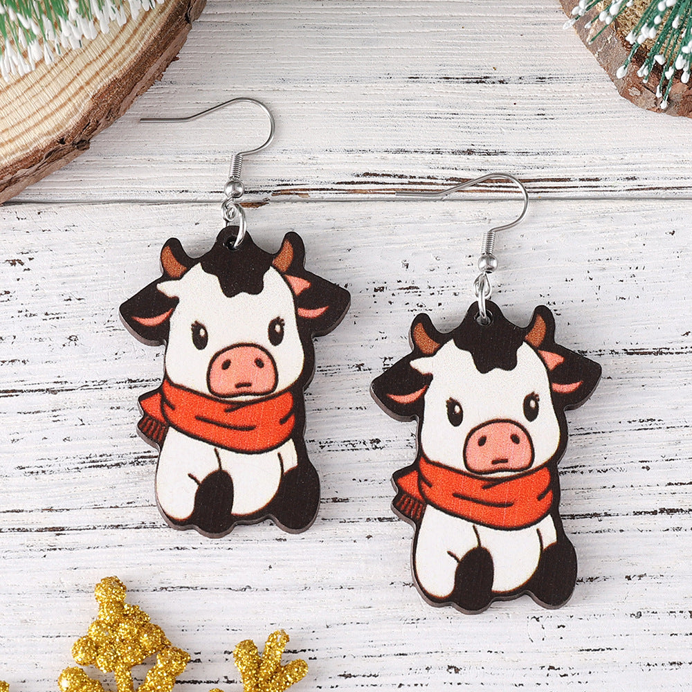 Wholesale Christmas cute red f cow pendant earrings wooden double-sided daily earrings