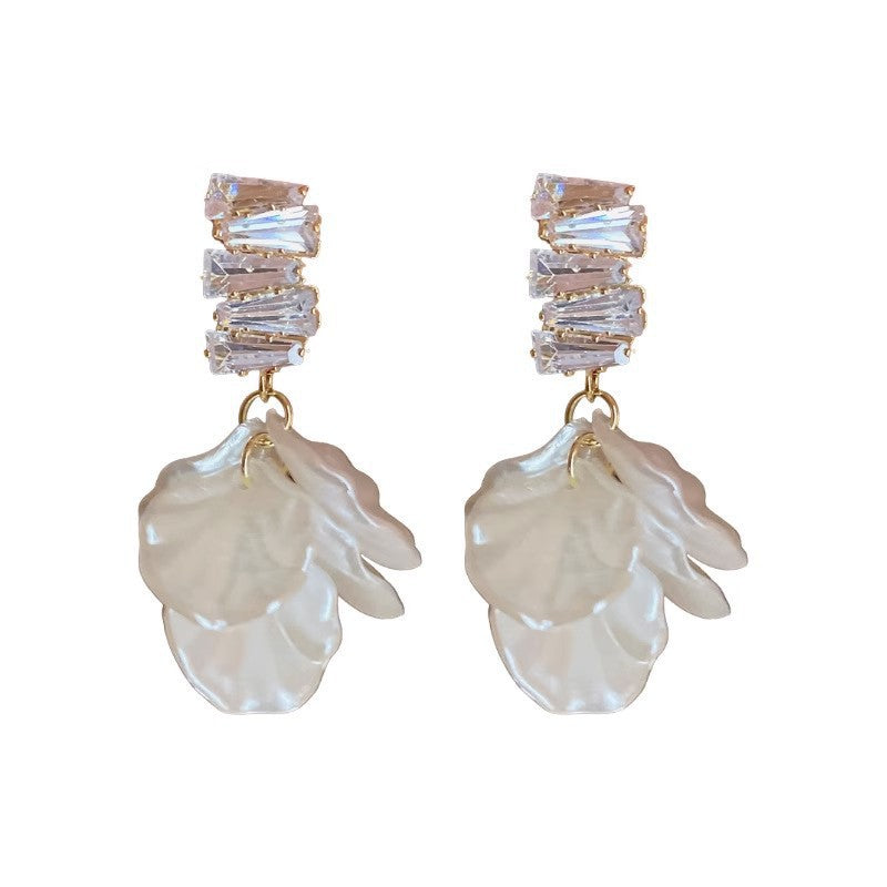 Wholesale Silver Needle shell flower tassel zircon earrings