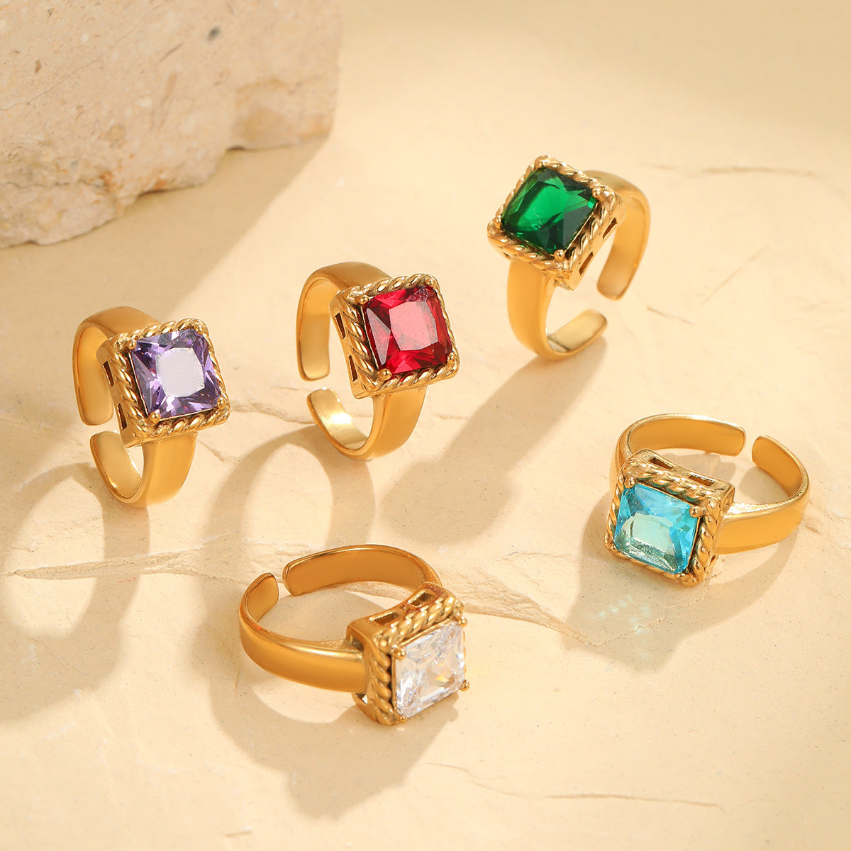 Wholesale Stainless steel  Light Luxury Colorful Square Zircon Open Ring