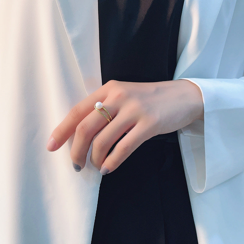 Wholesale S925 Silver Pearl Ring Women's Simple Crossed Geometric Open Finger Ring