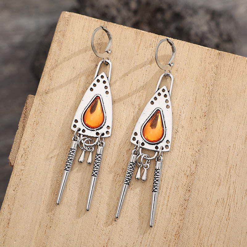 Wholesale Retro Tribal Geometric Amber Triangle Tassel Earrings - Silver Alloy Jewelry,  Party Wear Fashion Accessory