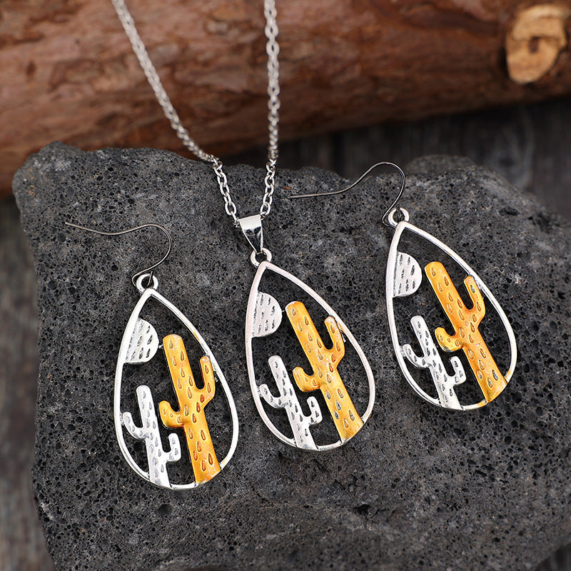 Wholesale Retro Cactus Drop Earrings and Pendant Set - Western Style Alloy Jewelry Accessory for Boutique Resale