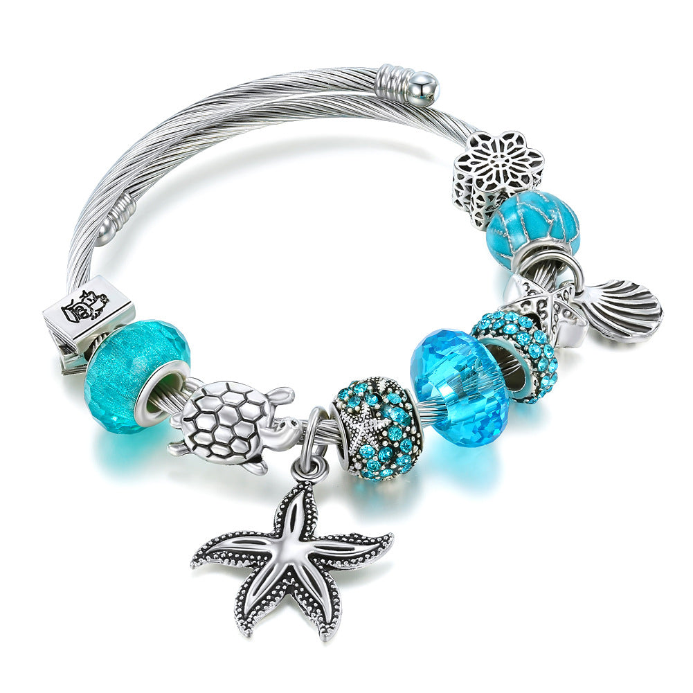 Wholesale Titanium Steel Starfish turtle bracelet blue crystal marine series