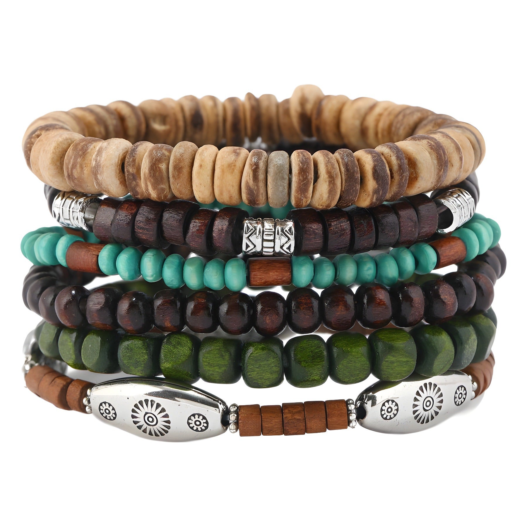 Wholesale  wooden bead alloy piece set multi-layer elastic bracelet