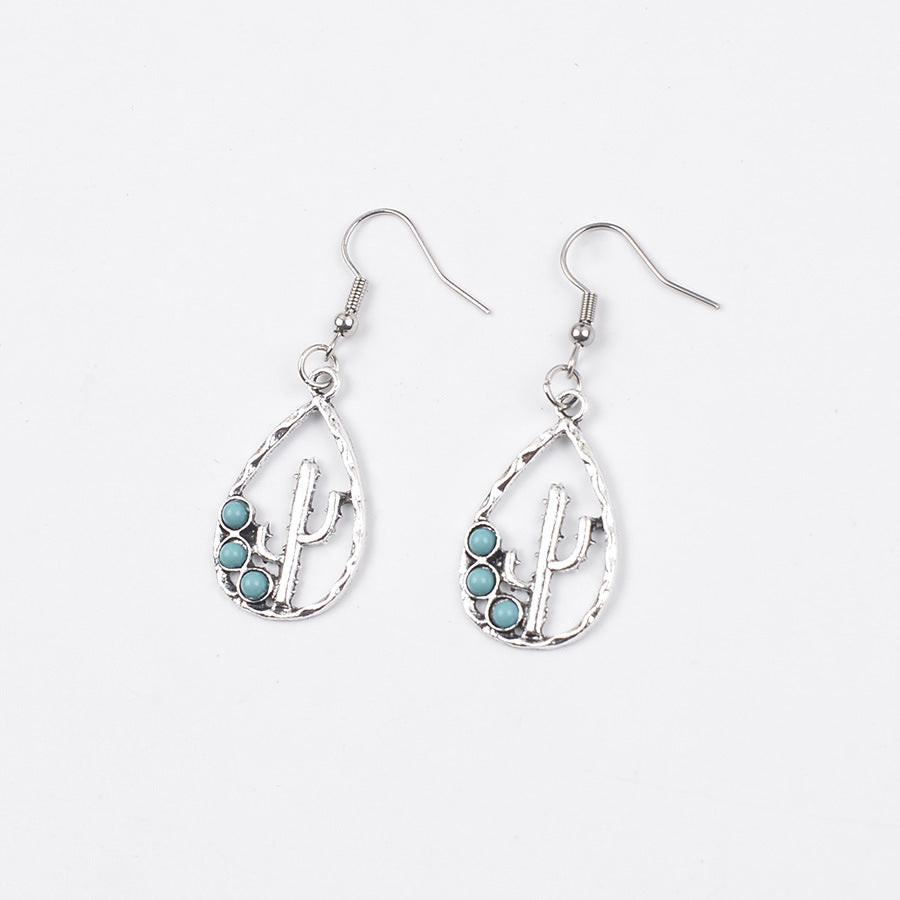 Wholesale Retro Bohemian Turquoise Cactus Drop Earrings Zinc Alloy Jewelry Accessory