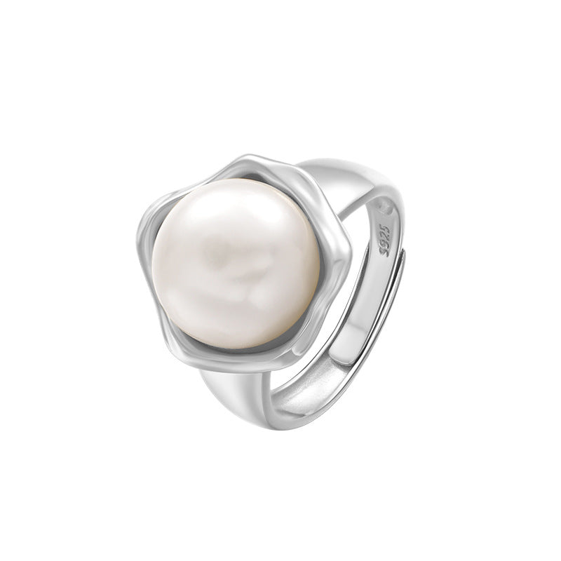 Wholesale S925 Sterling Silver Pearl Adjustable Opening Rings