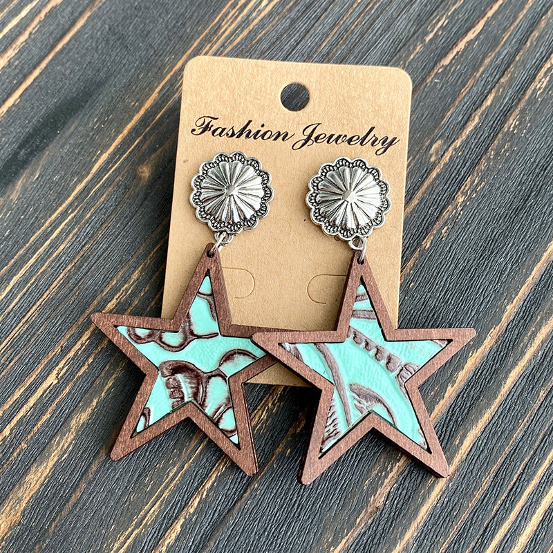 Wholesale Western Denim five-pointed star leather earrings