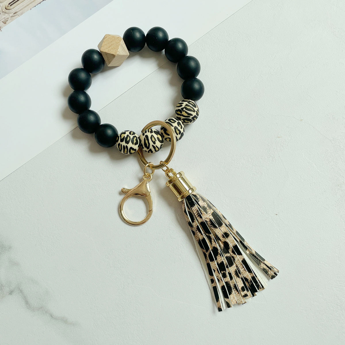 Wholesale Silicone Beads Bracelet Wooden Beads Leopard Print Cow Print Wristlet Keychain ACC-KC-Jinz001