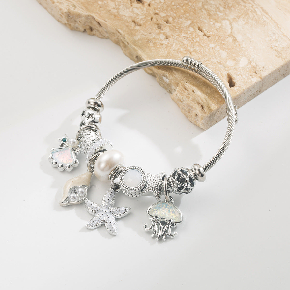 Wholesale Trendy Blue Ocean Themed Stainless Steel Bracelet With Zircon Starfish Pearl Jellyfish Pendants Adjustable Bangle Jewelry Accessory