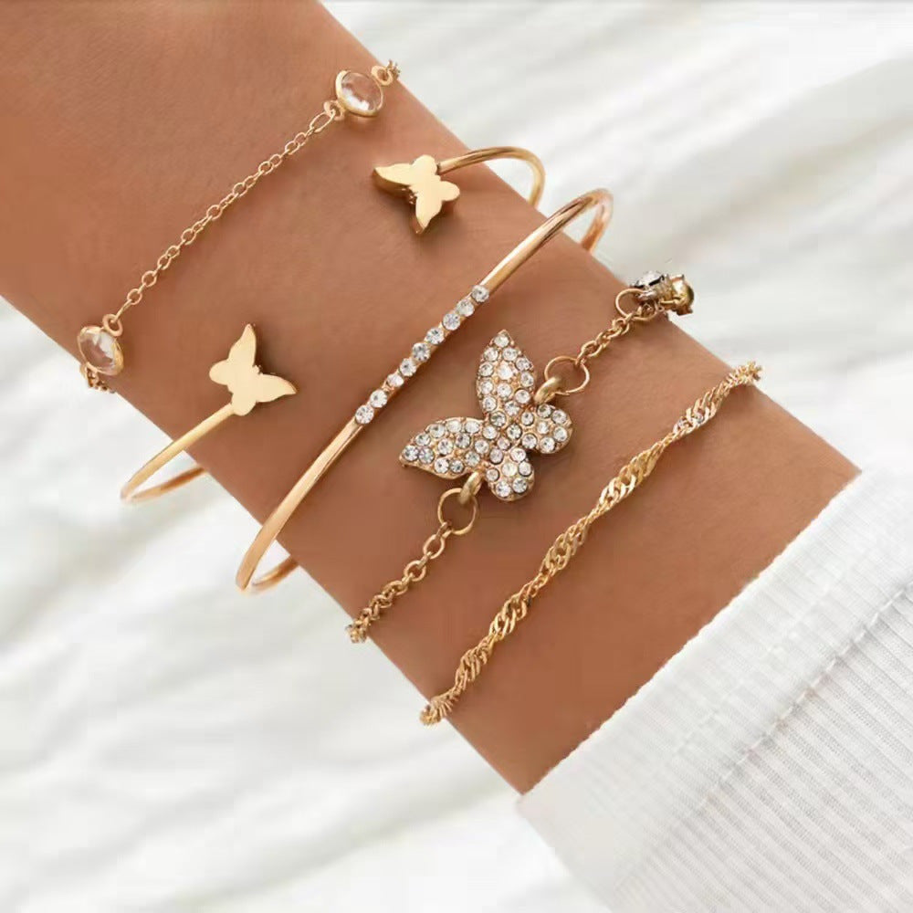 Wholesale Bohemian Butterfly Crystal Open Cuff Bracelet Set Gold Tone 5PCS Fashion Jewelry Boutique Resale Gift For Women