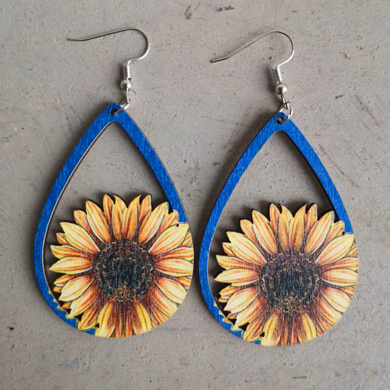 Wholesale 3 pairs/pack National Emblem Earrings Support Color Sunflower Wooden Earrings