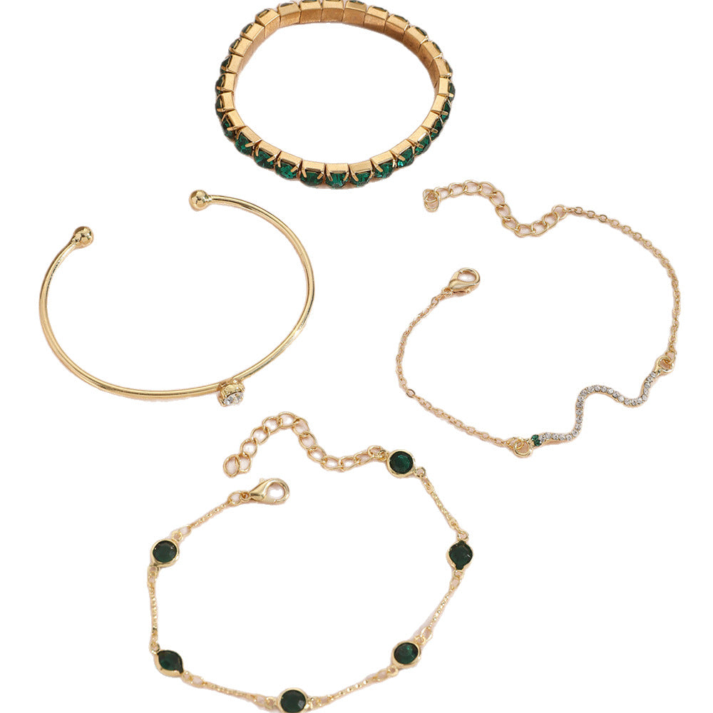 Wholesale Simple Emerald Green Diamond Bracelet Set - 4-Piece Elastic Snake Chain Bracelets for Women Fashion Accessory