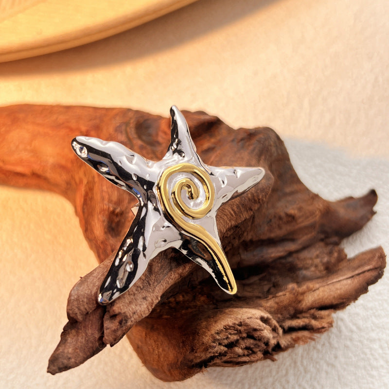 Wholesale  swirl five-pointed star ring women' s light luxury high-end design fashion contrast color personality stainless steel jewelry