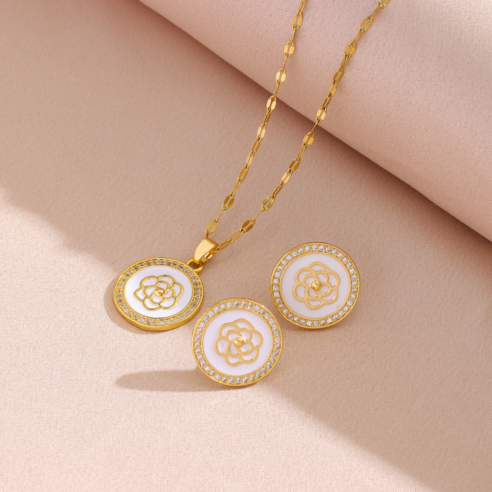 Wholesale Titanium Steel Classic White Fritillaria Camellia Necklace Earrings