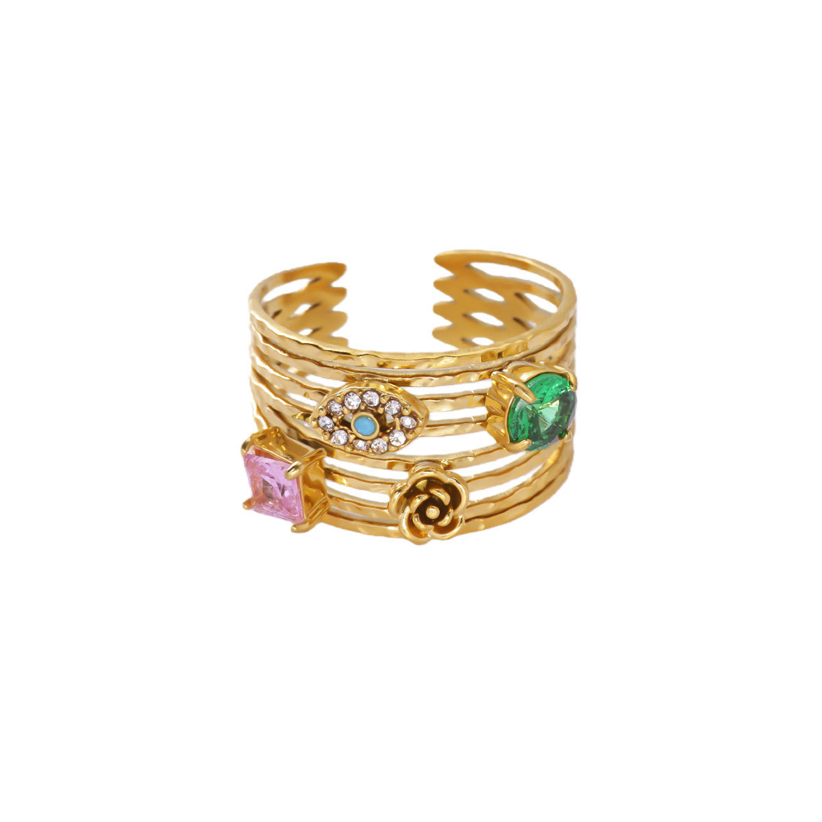 Wholesale Gold Plated Heart Shape Open Ring with Multicolor Zircon - Boutique Resale Jewelry Accessory