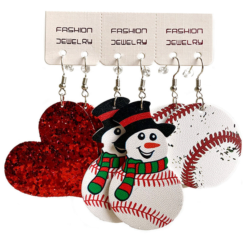 Wholesale 2 Sets Christmas Earrings Set Rugby Snowman PU Leather Earrings Set ACC-ES-HY134