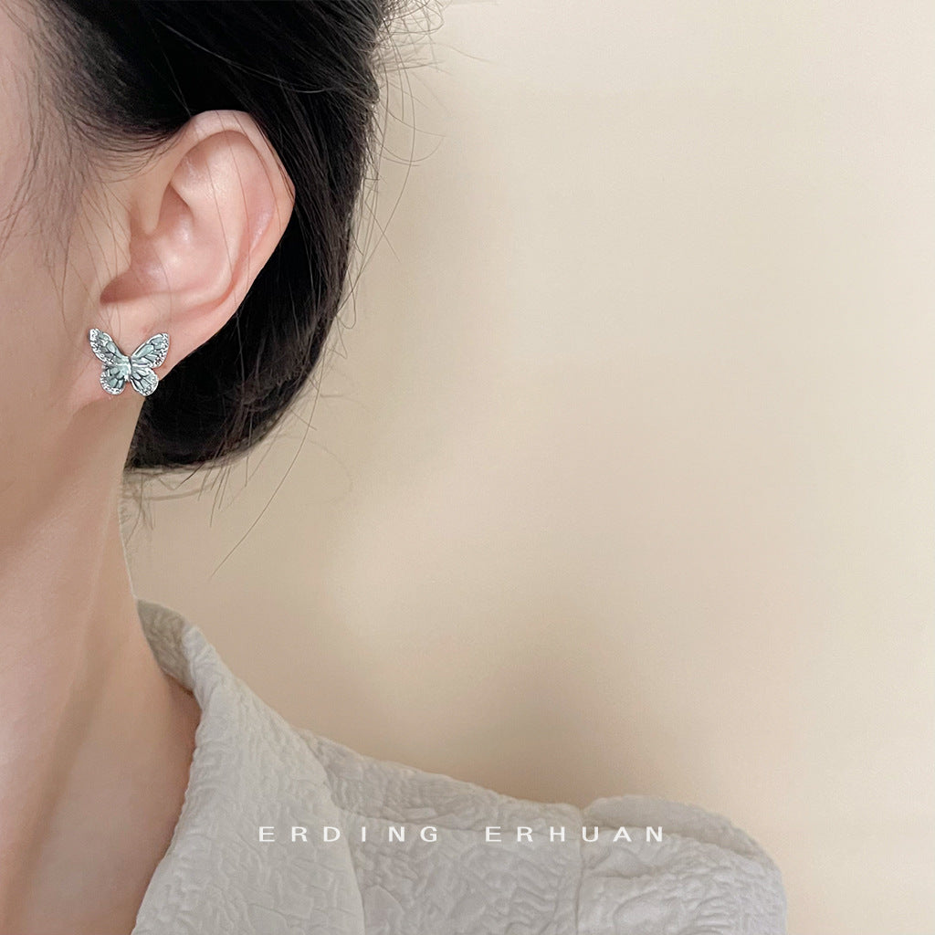 Wholesale Micro-inlaid Zircon  Green Oil Dropping Silver Needle Butterfly Earrings