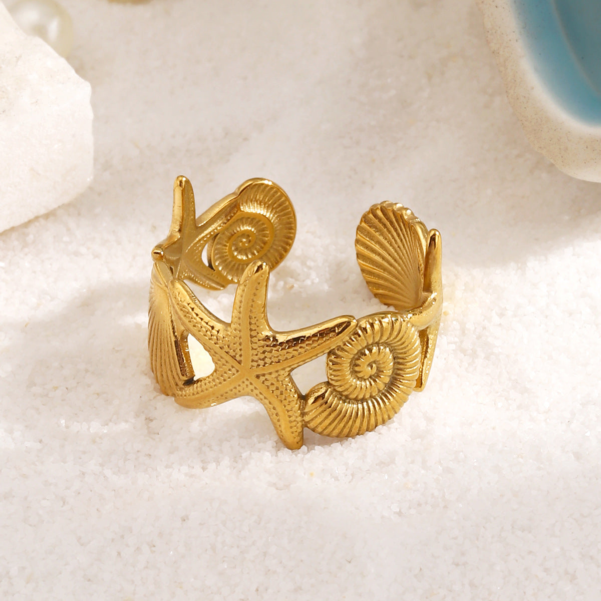 Wholesale Starfish Stainless Steel Open Ring Ocean Vacation Style Jewelry Accessory