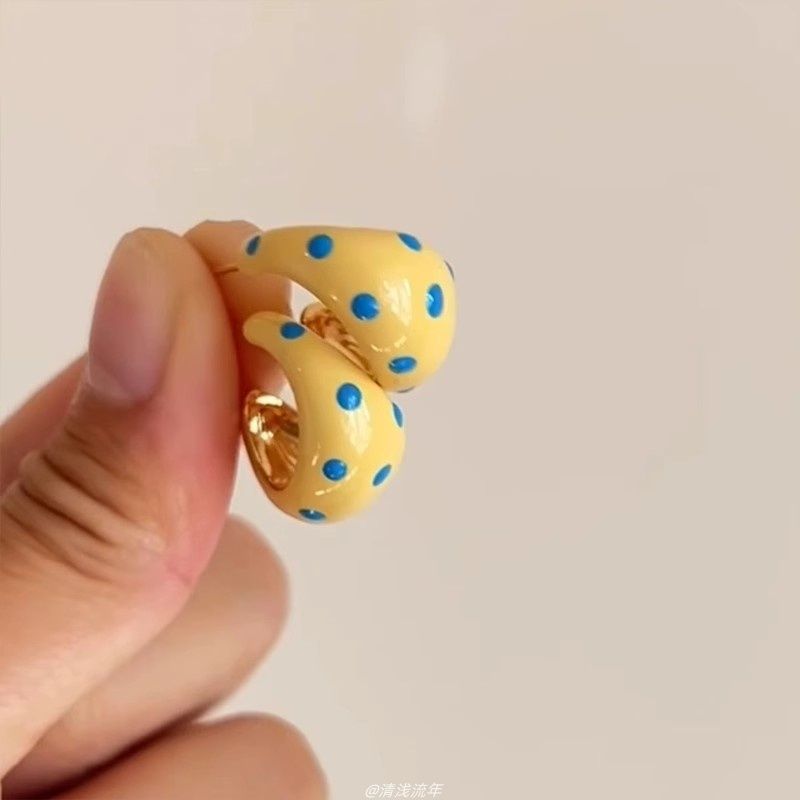 Wholesale  Yellow Wave Dot Oil Dropping Half Ring Earrings