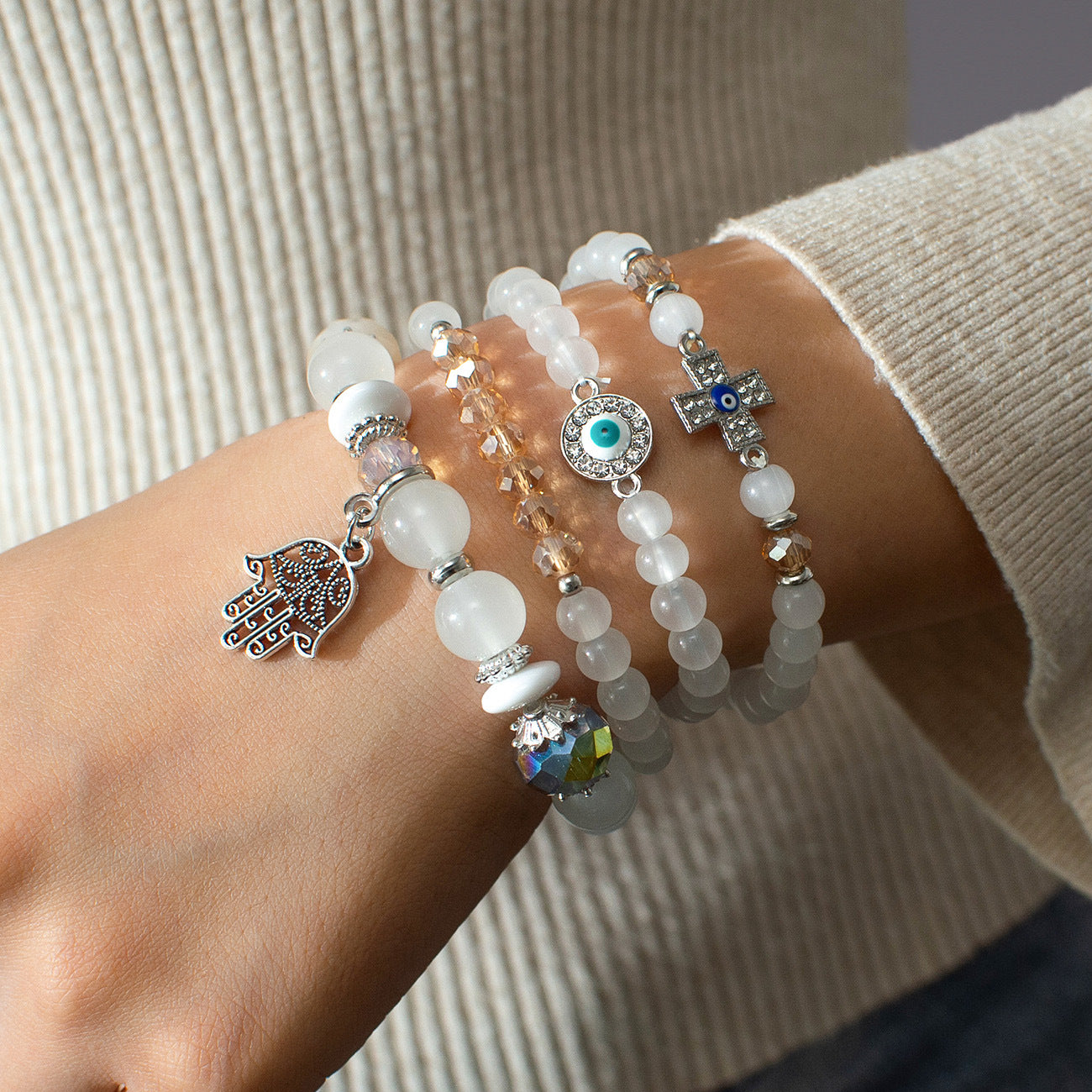 Wholesale alloy rhinestone cross evil eye palm pendant crystal beaded multi-layer bracelet