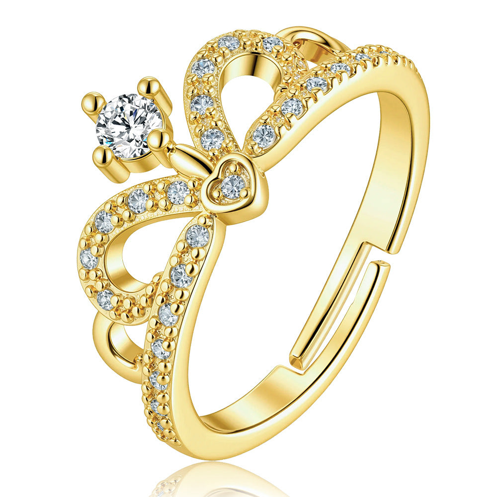 Wholesale Crown Hollowed Adjustable Open Ring Gold Copper Zircon Jewelry Accessory Couple Gift Boutique Resale