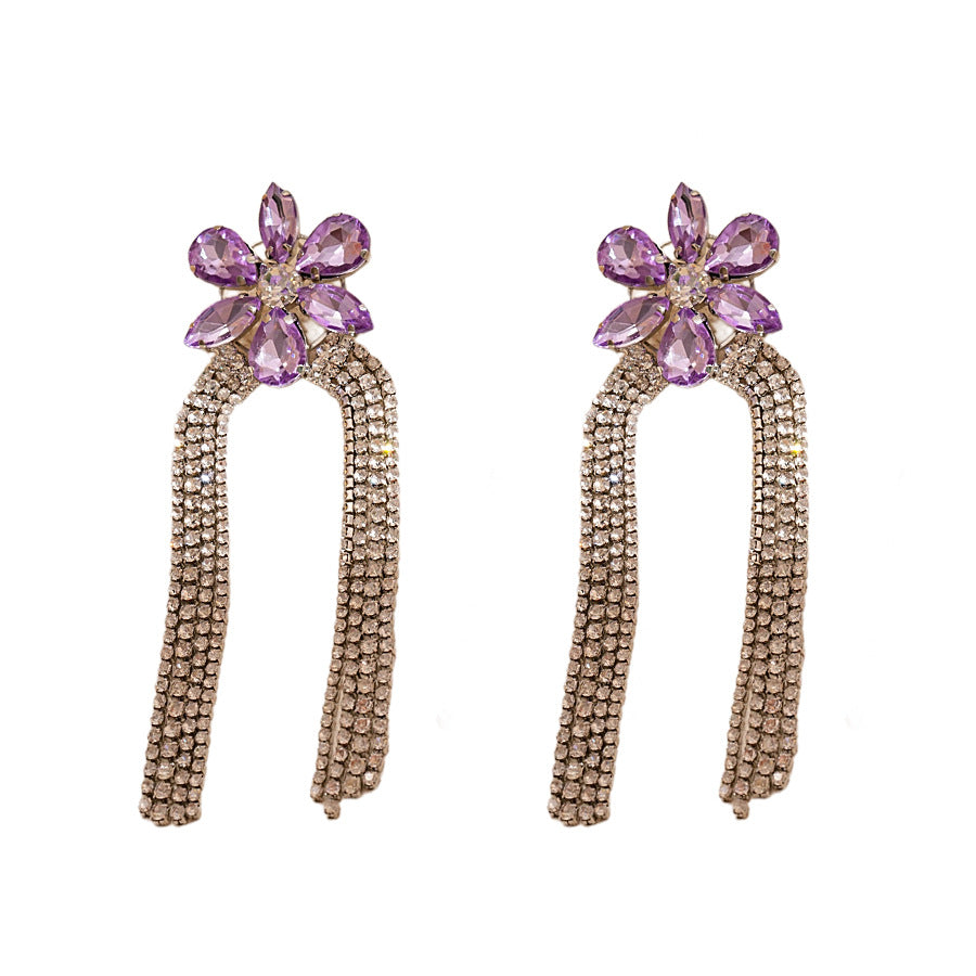 Wholesale Super shiny light luxury diamond flower tassel silver needle earrings