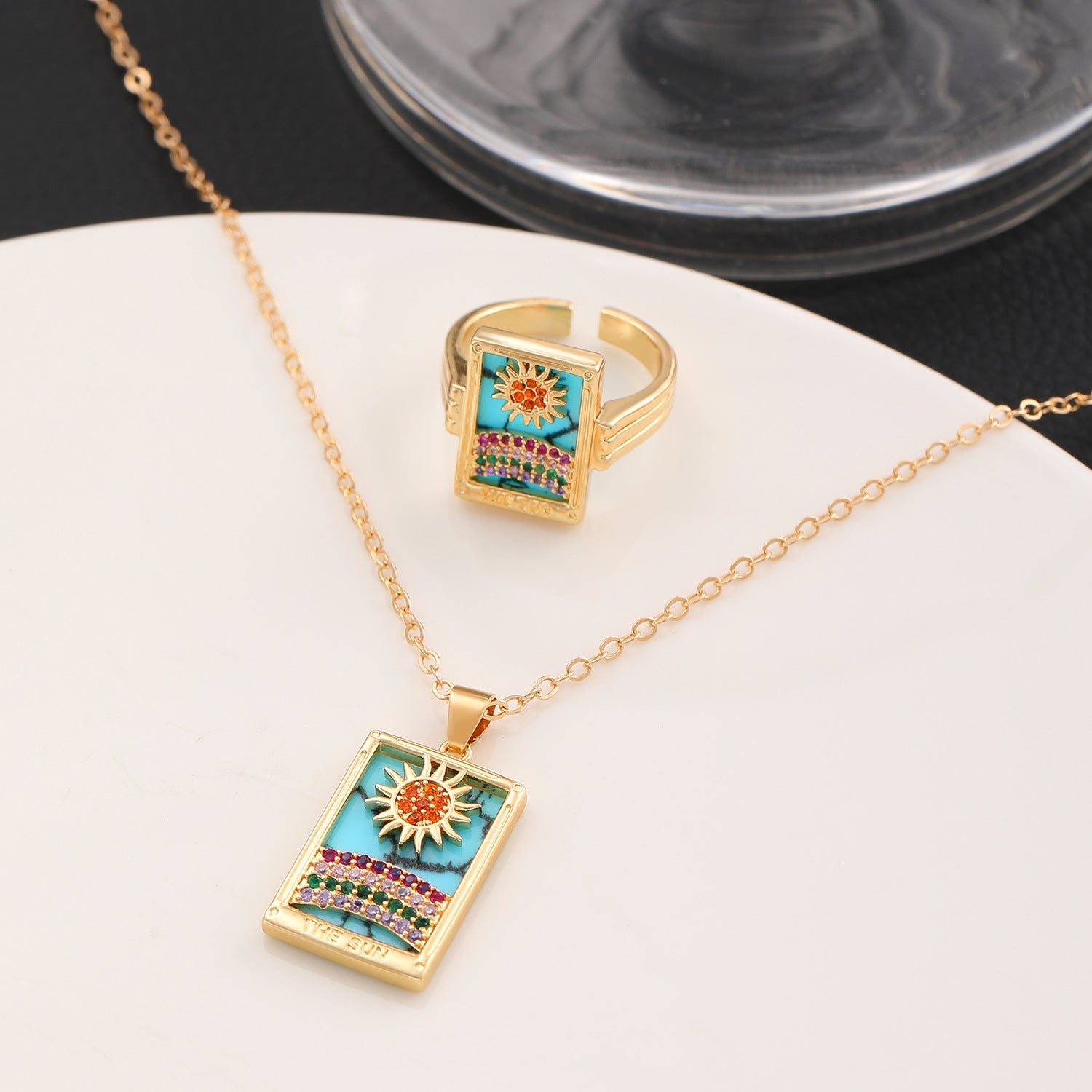 Vendita all'ingrosso Anelli con collana a goccia rettangolare con pendente retrò