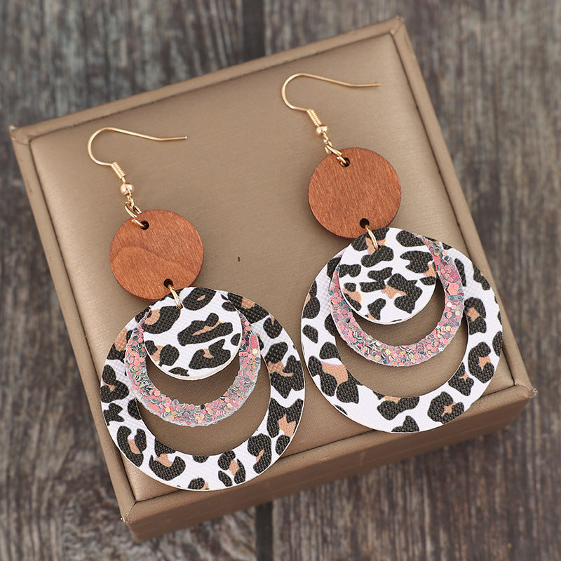 Wholesale Retro Style Multi-Layer Pattern Ring Splicing Small Disc Leather Personalized Earrings