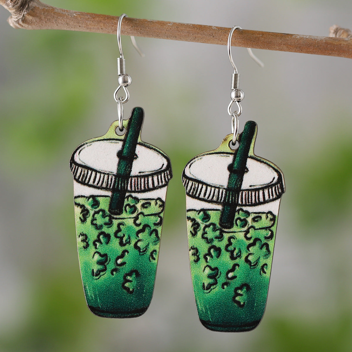 Wholesale St Patrick's Day Clover coffee cup ice cream wooden double-sided earrings