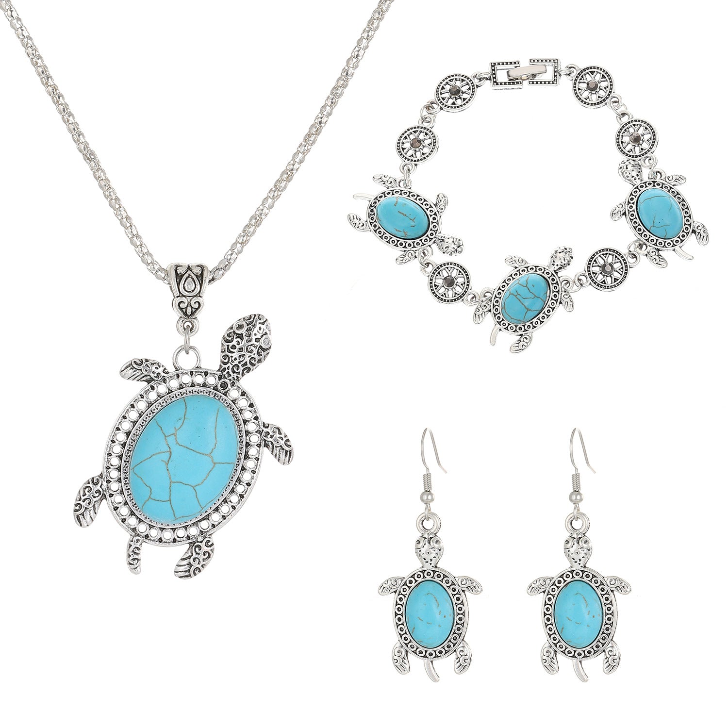 Wholesale Antique Silver Turtle Animal Jewelry Set - Fashion Boutique Resale Gift for Women