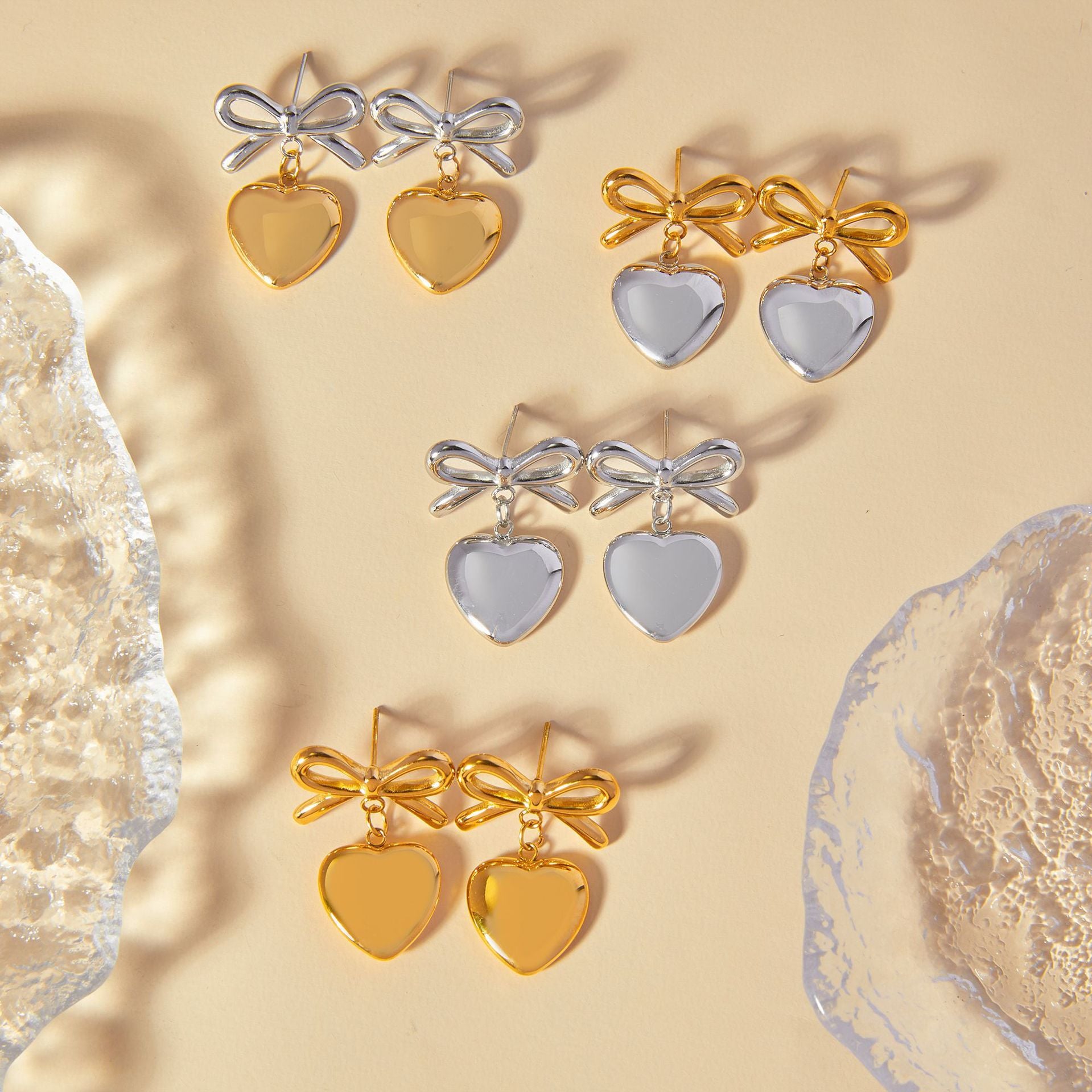 Wholesale Bow Heart Pendant 18K Gold Titanium Steel Earrings ACC-ES-OMK004