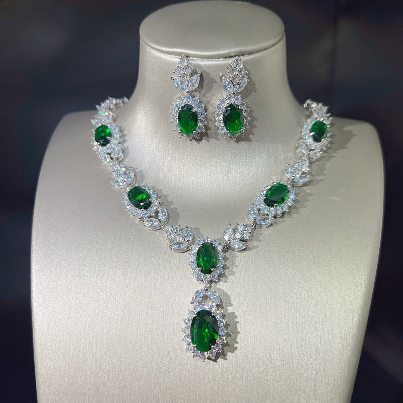 Wholesale Emerald Tourmaline Full Diamond Earrings and Necklace Set ACC-NE-KaLuoqi002