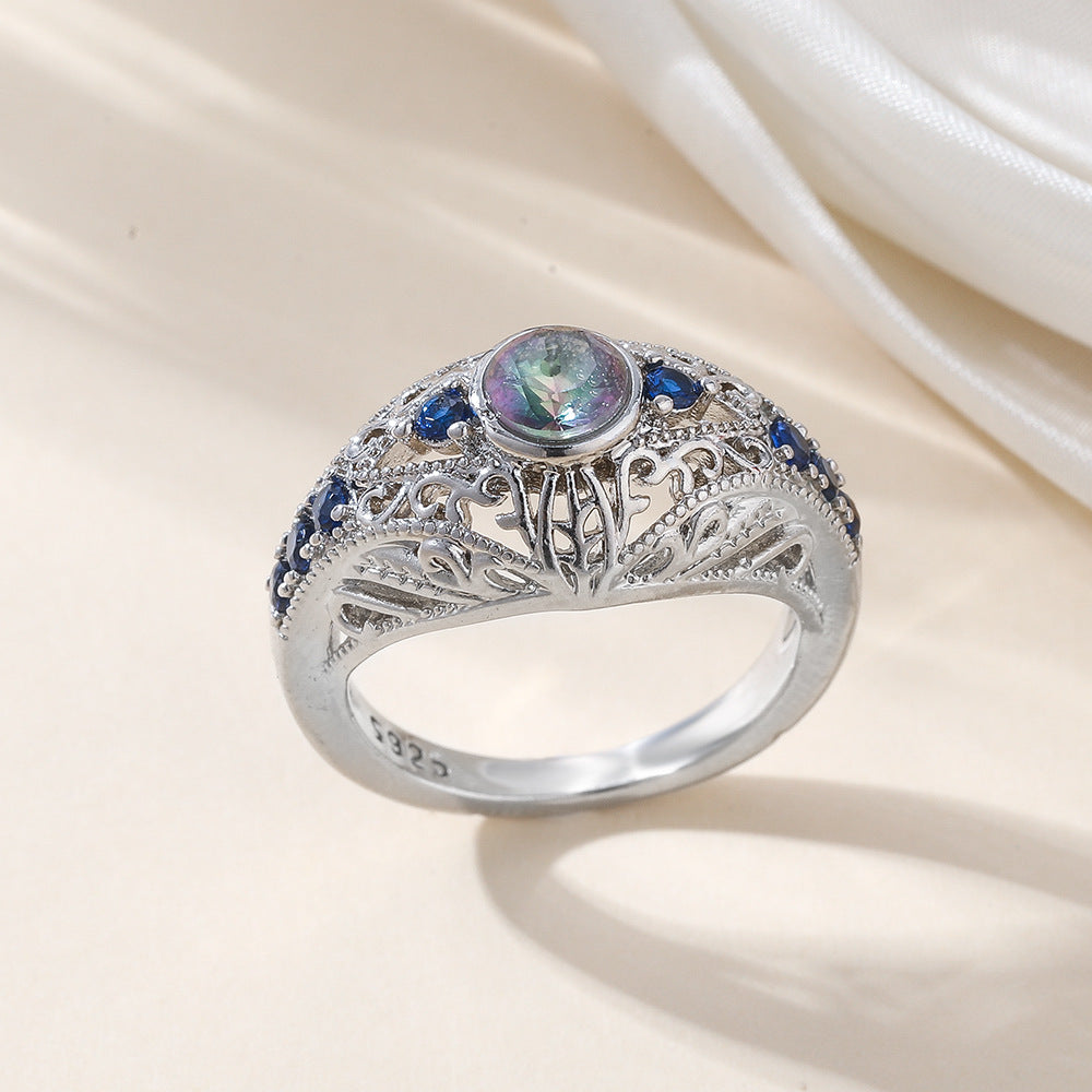 Wholesale Hollow carved copper inlaid with colored zircon retro ring