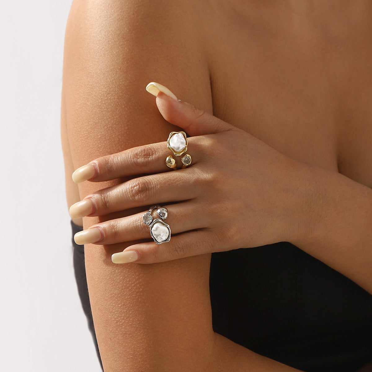 Wholesale Accessible  Baroque Pearl Ring  Niche Design Copper Zirconium Open New Retro Ring